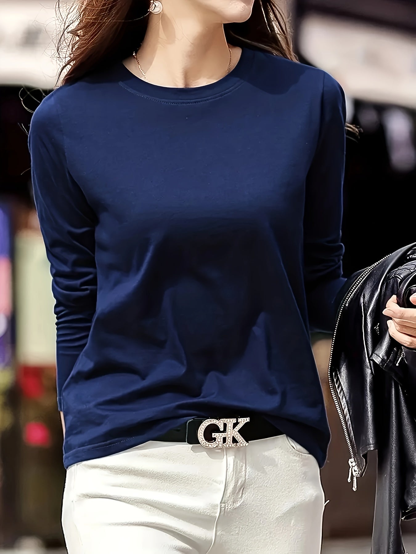 Women's Elegant Crew Neck T-Shirt, 100% Polyester Fabric, High Stretch Solid Color Top, Regular Length, 180gsm - Spring/Summer Fashion