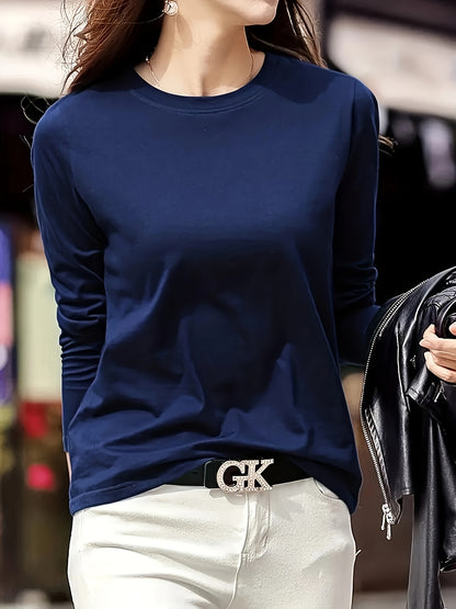 Women's Elegant Crew Neck T-Shirt, 100% Polyester Fabric, High Stretch Solid Color Top, Regular Length, 180gsm - Spring/Summer Fashion