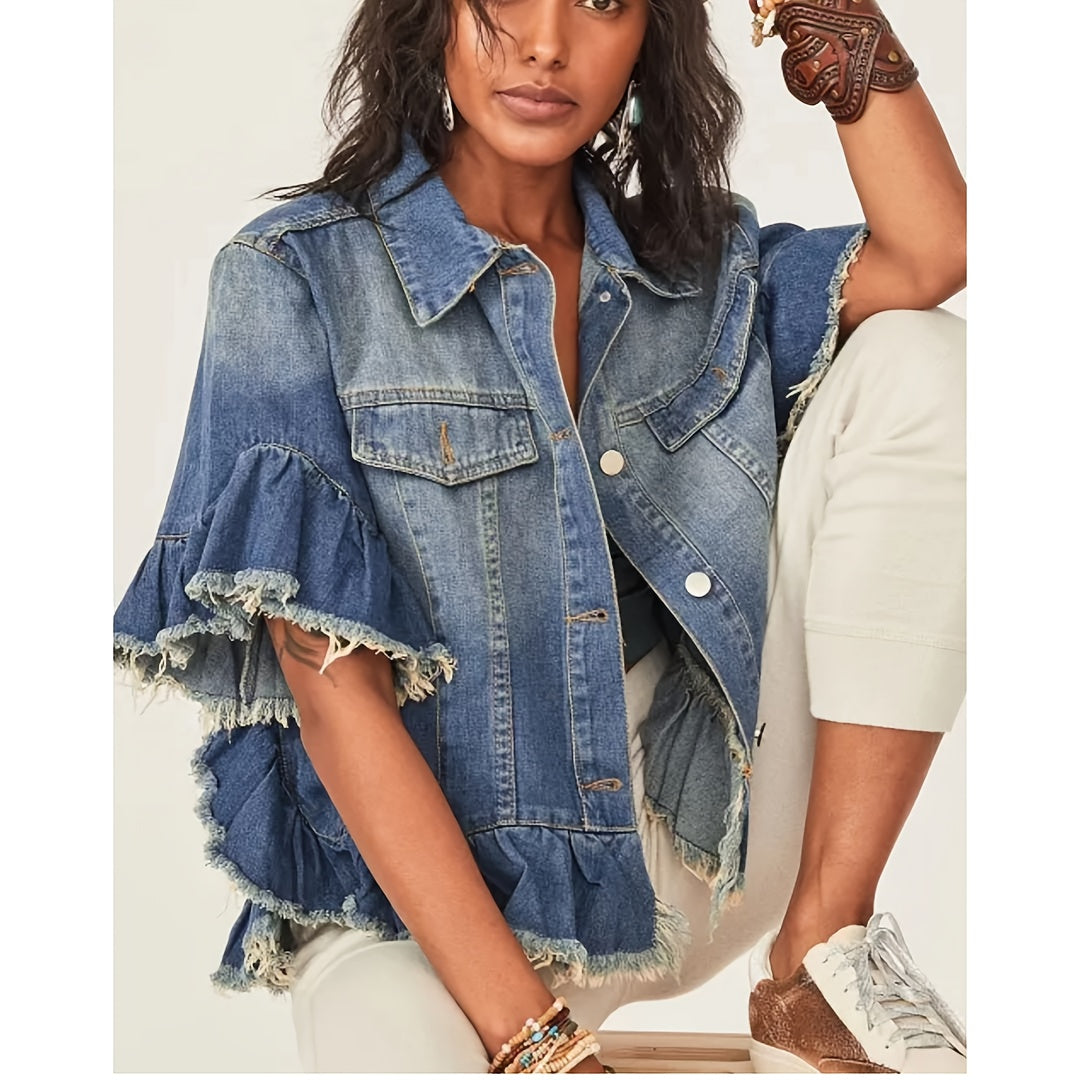 Designer Style Pleated Loose Cuffs And Loose Hem Denim Jacket