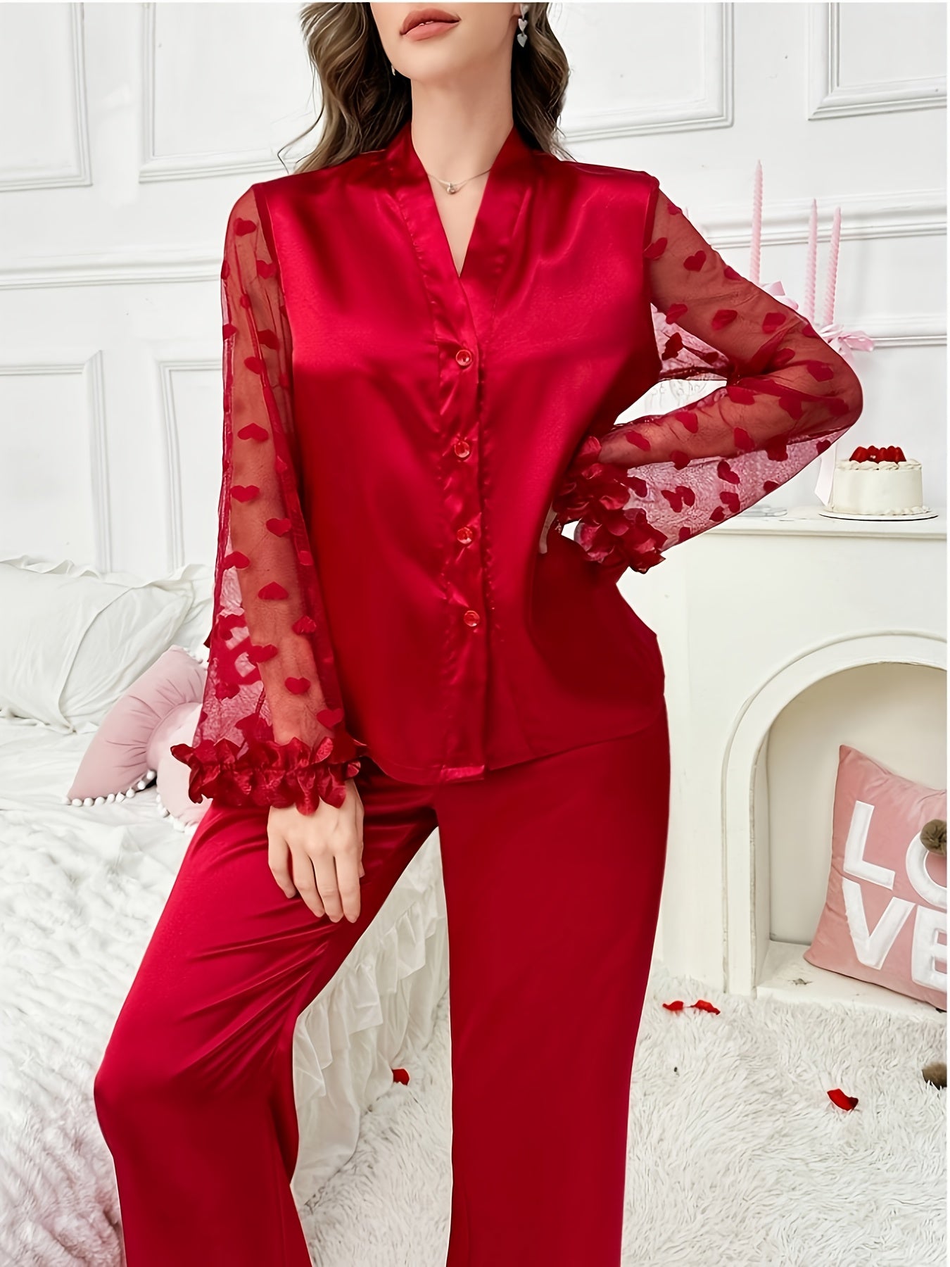Women'S Red Satin Pajama Set Long Sleeve Mesh Heart Print Loungewear Two-Piece with Petal Trim Lapel Wide-Leg Pants Breathable Comfortable Nightwear for Holiday Wedding Gift Plus Size