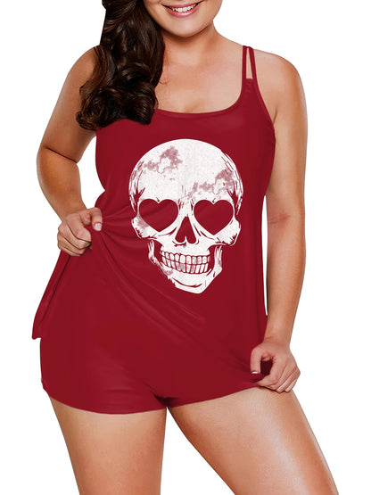 Adorable Skeleton-Themed Two-Piece Swimsuit for Women, Featuring a Stylish Black Design with a Conservative Double Shoulder Tankini Style, Perfect for a Laid-Back Halloween Look
