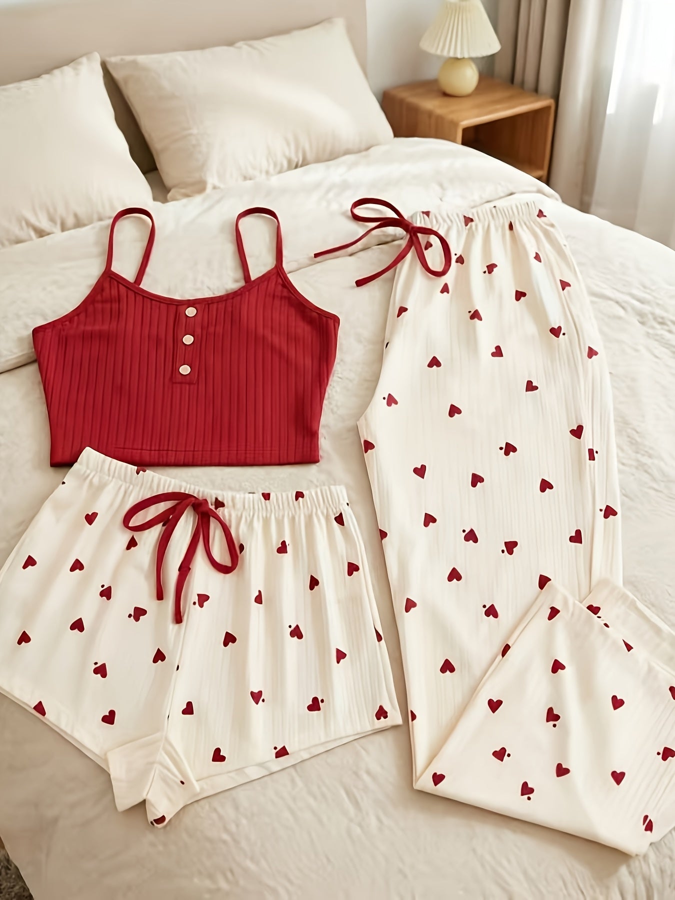 Trendy Heart Print 3pcs Pajama Set - Casual Cami, Shorts & Pants Loungewear for Sleep, Lounge & Daily Wear