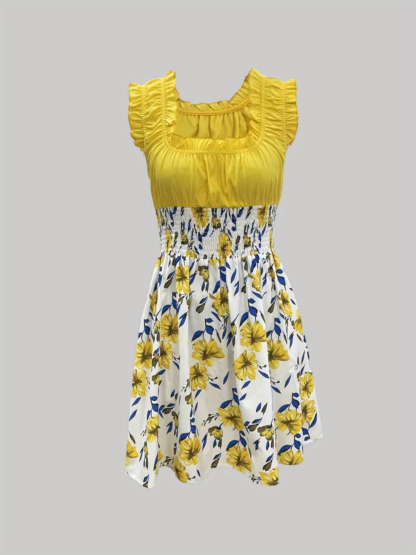 Attractive Honey-Themed Fashion, Charming Floral Mini Dress for Women, Featuring a Round Neckline And No Cuffs, Perfect for Summer Outings, Beach Days, Garden Dates, Anniversary Surprises, And As a Delightful Gift