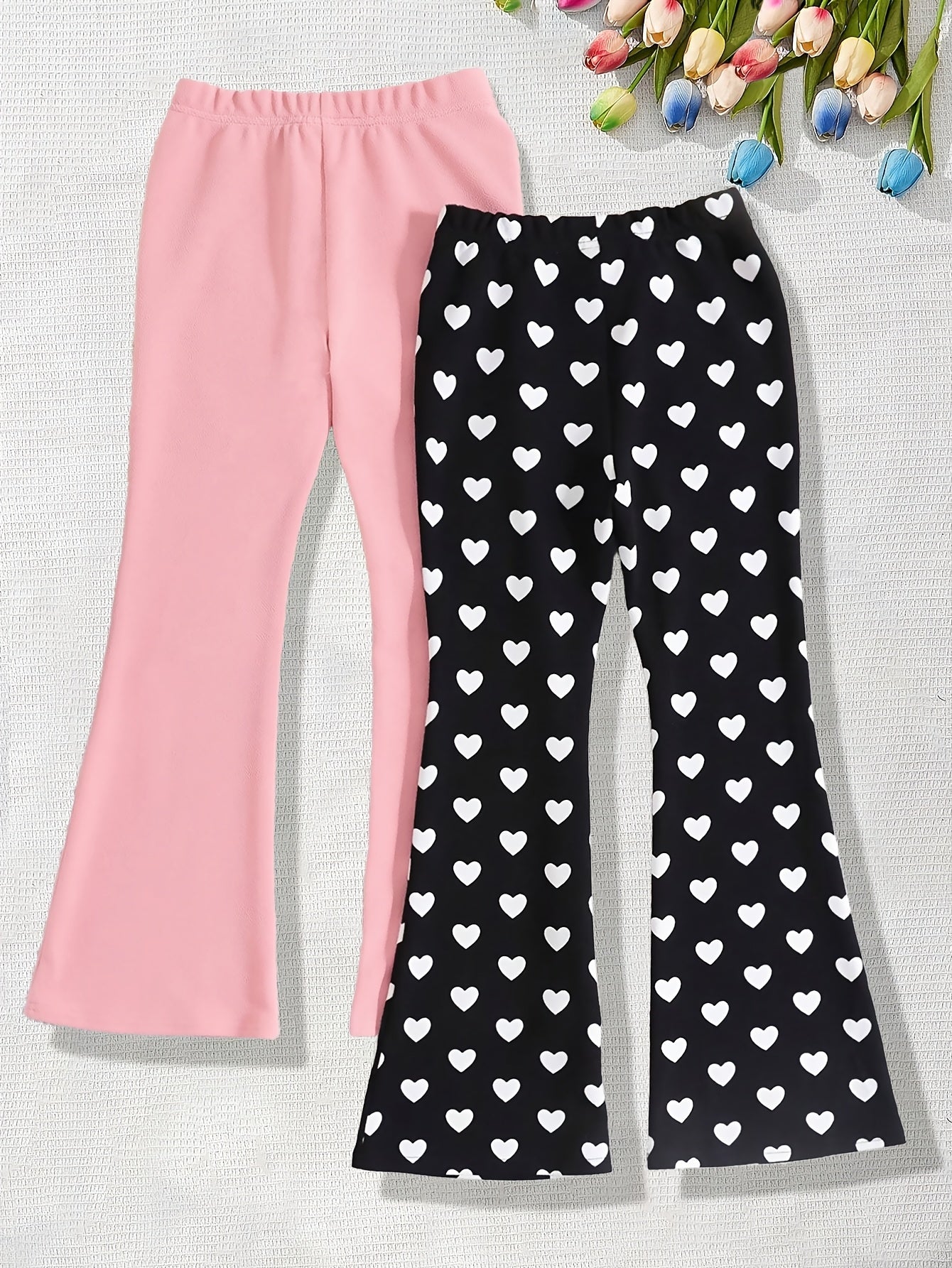 2pcs Girls' Heart Print & Solid Black Flare Leg Pants - Stretchable Bell-Bottom Trousers with Heart Patterns, Machine Washable Suitable for Outdoor Play, Dance, Gym, Casual Wear, All-Season for Aged 3+, Perfect for Outdoor