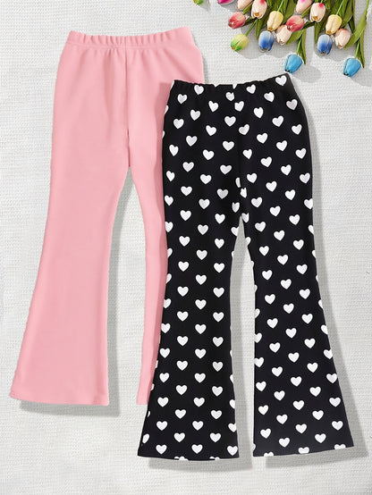2pcs Girls' Heart Print & Solid Black Flare Leg Pants - Stretchable Bell-Bottom Trousers with Heart Patterns, Machine Washable Suitable for Outdoor Play, Dance, Gym, Casual Wear, All-Season for Aged 3+, Perfect for Outdoor