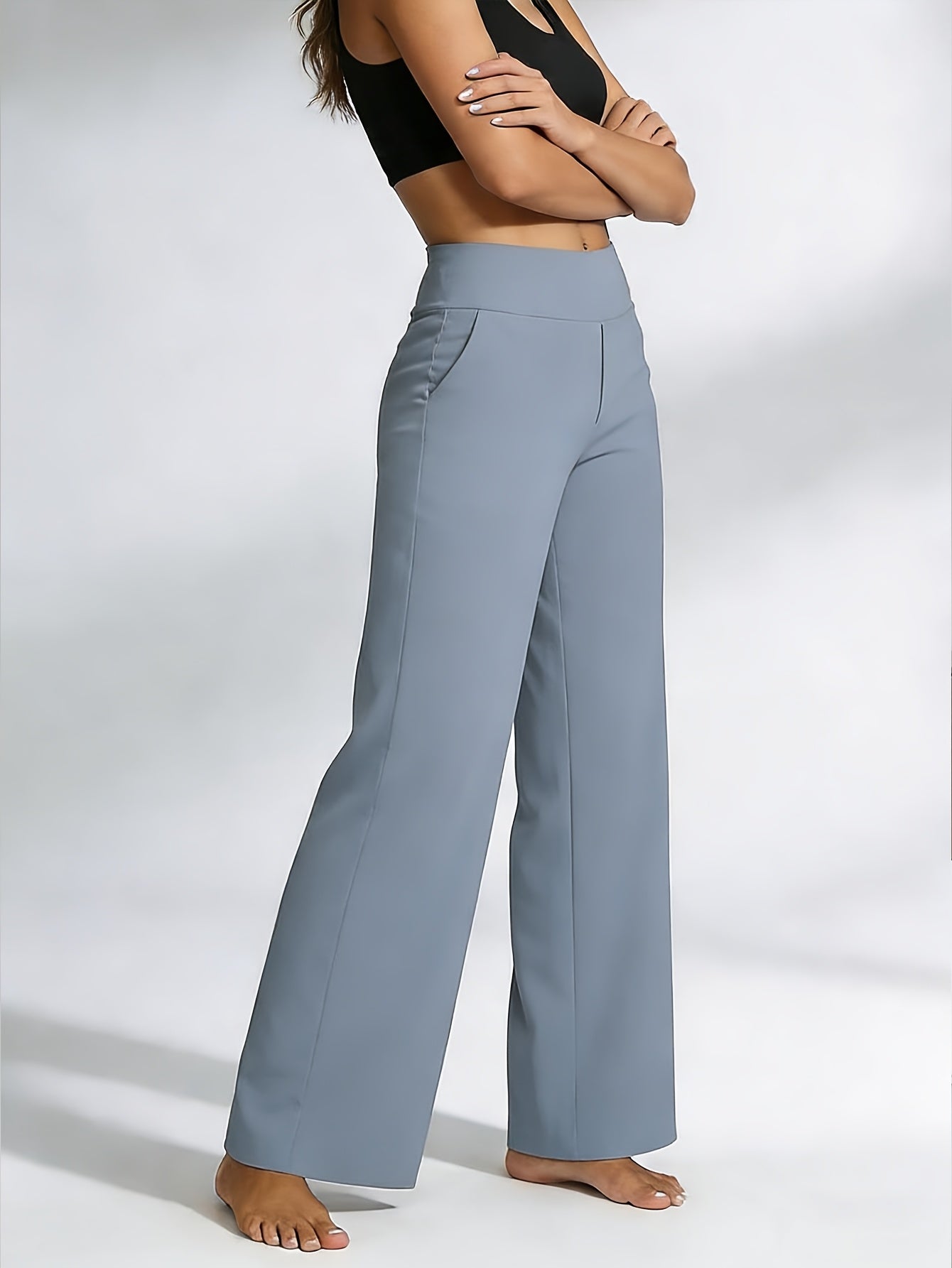 1pc Summer High-waisted Casual Pants, with Pockets And Stretch for Ladies, Straight-leg Pants for Women, Fashionable Yoga Sportswear for Ladies, Yoga Pants for Women