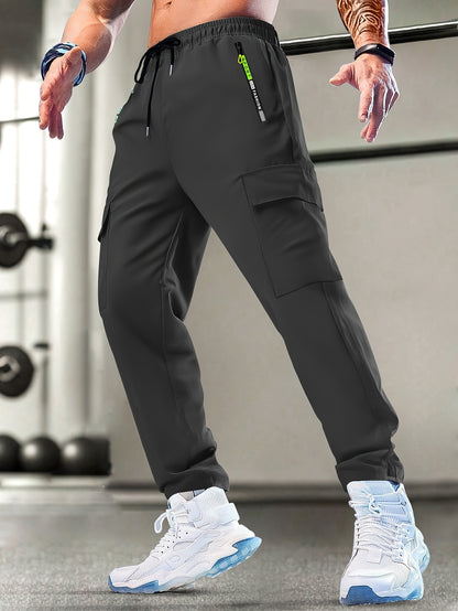 1pc Men'S Lightweight Casual Cargo Pants With Drawstring Waist, Zippered Pockets & Print Logo - Breathable For Outdoor Running, Training, Hiking & Everyday Use - Spring/Summer Collection, Workout Pants, Running Apparel, Functional Pockets