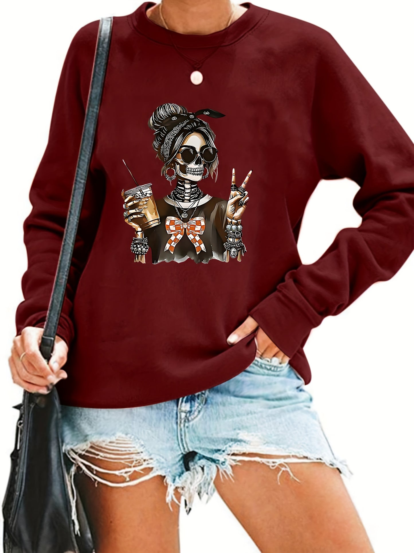 Skeleton - Themed with Trendy Accessories And Gestures Pattern Print Women's Sweatshirt, Comfortable All Seasons, Machine Washable