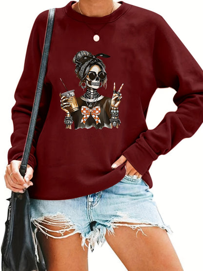 Skeleton - Themed with Trendy Accessories And Gestures Pattern Print Women's Sweatshirt, Comfortable All Seasons, Machine Washable
