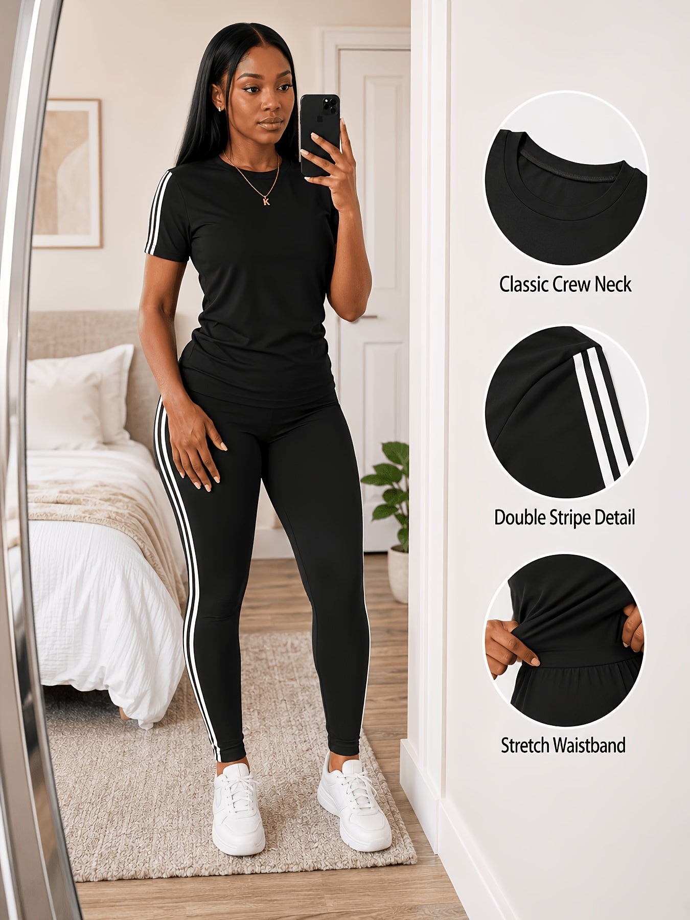 Women's Two-piece Casual swear Striped Edge Short Sleeved Round Neck Pullover, Slim Fit Striped Edge Pants Set, s Suit