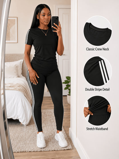 Women's Two-piece Casual swear Striped Edge Short Sleeved Round Neck Pullover, Slim Fit Striped Edge Pants Set, s Suit
