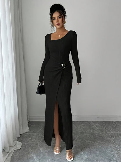 Women'S Solid Color Twisted Split Maxi Dress Asymmetrical Neck Slim Bodycon Fall Winter Elegant Fashion Dress