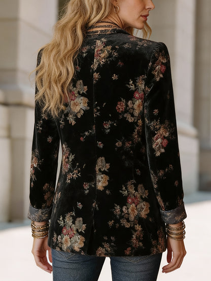 Black Floral Print Velvet Blazer for Women | Retro Double-Breasted Design, Perfect for Party Gatherings And Elegant Social Occasions
