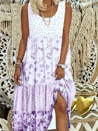 [Floral Print Vest Dress] Plus Size - Plus Size - Plus Size Floral Print Elegant Vest Dress - Sleeveless Round Neck Midi Dress in Vacation Style, Perfect for Women's Casual Outings