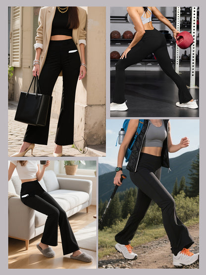 3 Pack Women's High Waisted Tummy Control Yoga Leggings - Super Soft Bootcut Flare Pants with Pockets, 4-Season Workout Capri/Capri-Length (Black/Grey/Navy) - All-Season Wear, Pencil-Slim Fit for Gym, Pilates & Everyday Use