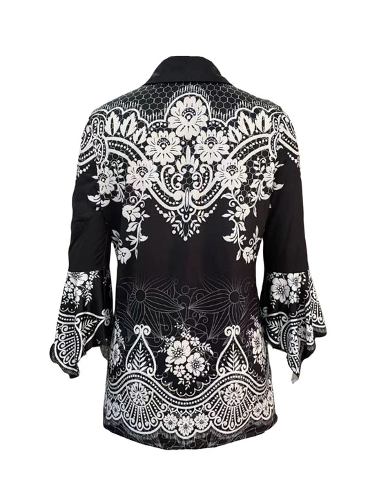 Spring And Autumn New Women Printed Lapel Three-quarter Sleeve T-shirt Irregular Sleeve Button-up Top