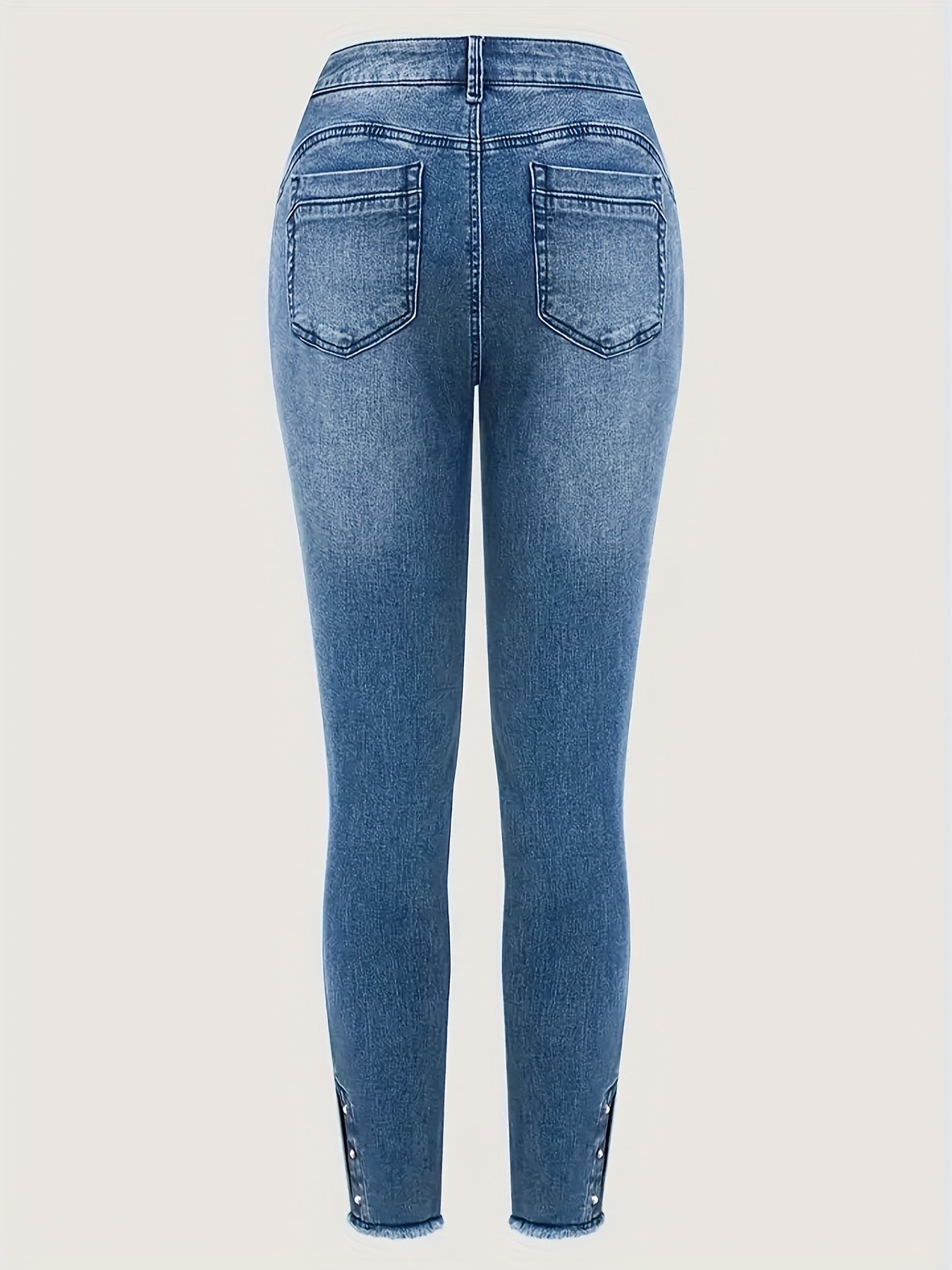 [Hme]Women'S Denim Trousers, Mid-To-High Waist Design, Lift The Hips, Tuck in The Abdomen And Look Slimmer, Suitable for All Seasons, Heavy Industry Washed Retro Blue, with Split Toe And Bubble Beads