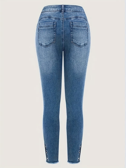 [Hme]Women'S Denim Trousers, Mid-To-High Waist Design, Lift The Hips, Tuck in The Abdomen And Look Slimmer, Suitable for All Seasons, Heavy Industry Washed Retro Blue, with Split Toe And Bubble Beads