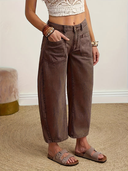 Women's High-Waisted Wide-Leg Jeans Pants - European/American Style Loose-Fit Denim Banana Pants with Washed Leg for all-Season Wear, Casual Elegant Outfits (Matching tops & Outerwear) - Non-Stretch Machine Washable Solid Color Jeans Clothing