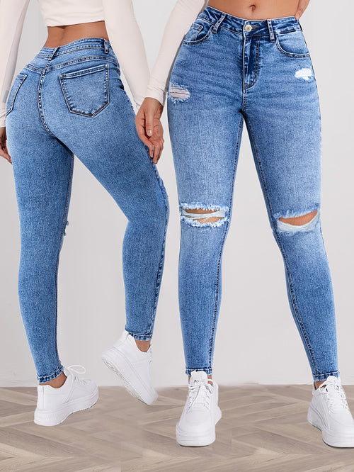 Women'S High-Waisted Skinny Jeans - Distressed Blue Denim Stretch Slim Fit with Button Closure, Long Length & All-Season Casual Style for Casual Attire, Highwaisted Trousers | Comfortable Fashion
