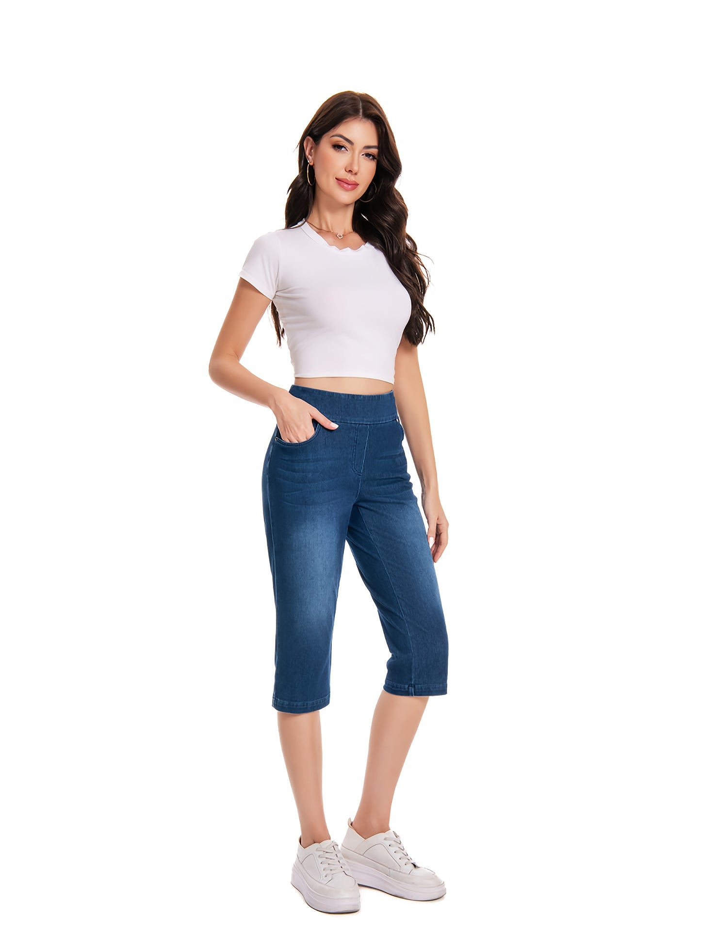 Lady Pull on Denim Capri with Pocket And Rivet Super Soft And Stretch