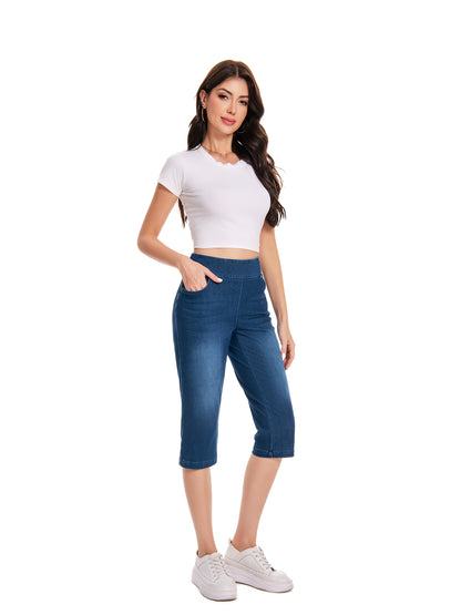 Lady Pull on Denim Capri with Pocket And Rivet Super Soft And Stretch