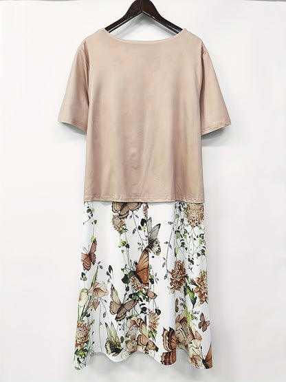 Plus Size - Plus Size - Women'S Round Neck Fake Two-Piece Elegant Dress - Fitted Short-Sleeved Midi Dress, Versatile And Suitable for All Seasons, Suitable for Work, Travel And Daily Wear, Butterfly And Flower Print, Machine Washable Soft Fabric