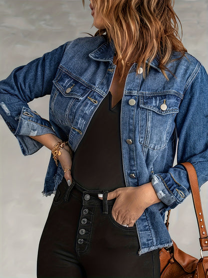 Women's Ripped Washed Button-Up Denim Jacket Coat with Pockets, Casual Classic Distressed Denim Outerwear TZ001