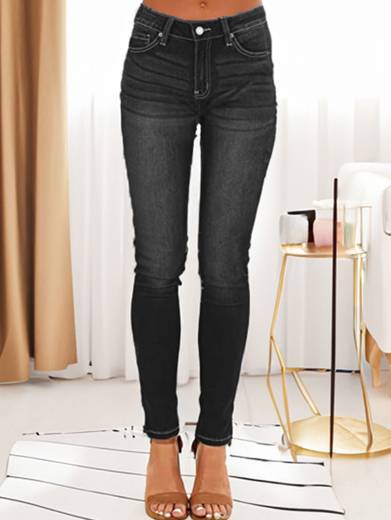 Women's Mid-Rise Butt-Lifting Skinny Jeans - 2025 Summer Color Block Stitching, European & American High Street Fashion, Stretch Denim with Pockets, All-Season Figure-Flattering Jeans for Everyday & Night Out, Comfortable Fashion | Medium Elasticity