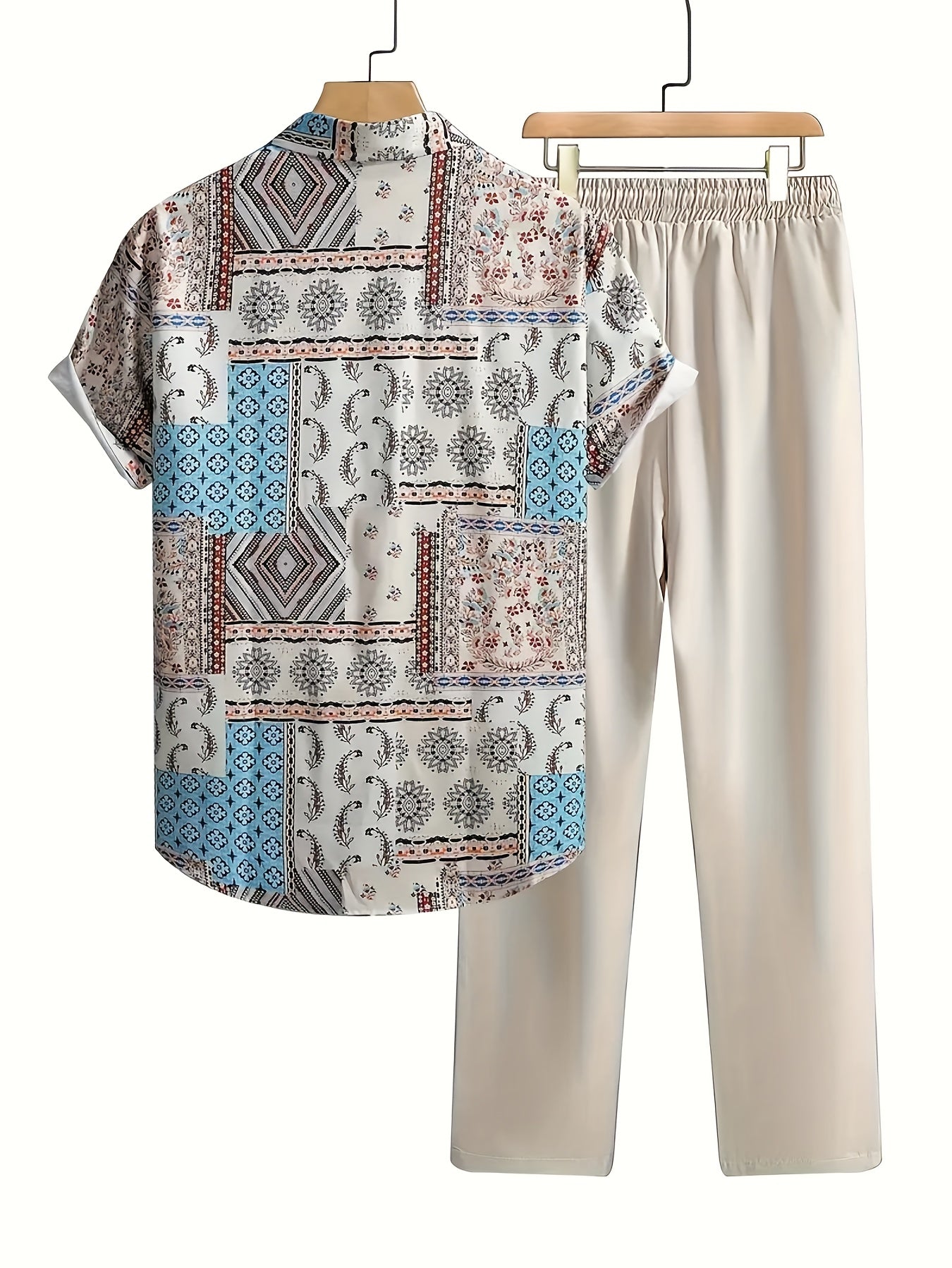 2pcs Men'S Summer Short Sleeve Button-Up Shirt and Pants Set - Light Blue Geometric Print, Casual Regular Fit with Drawstring Waist, Non-Stretch Fabric, Perfect for Casual Attire, Everyday Clothing | Geometric Print Shirt | Woven Fabric Shirt