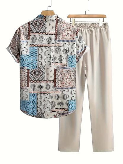 2pcs Men'S Summer Short Sleeve Button-Up Shirt and Pants Set - Light Blue Geometric Print, Casual Regular Fit with Drawstring Waist, Non-Stretch Fabric, Perfect for Casual Attire, Everyday Clothing | Geometric Print Shirt | Woven Fabric Shirt