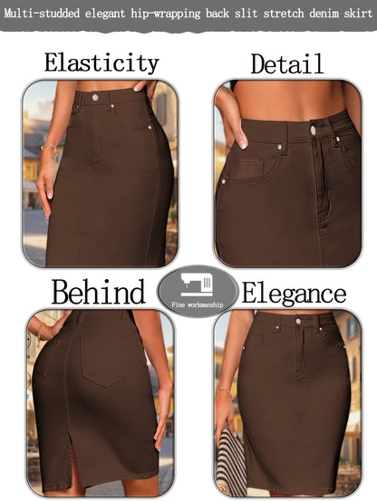 Women'S Stretch Denim Skirt - Bodycon High-Waisted Knee-Length with Multi-Stitch Detail And Back Slit, Elegant Casual to Dressy Versatile Style for Spring Summer Fall, Seasonal Fashion, Quality Craftsmanship, Fall Wardrobe, Fitted Construction