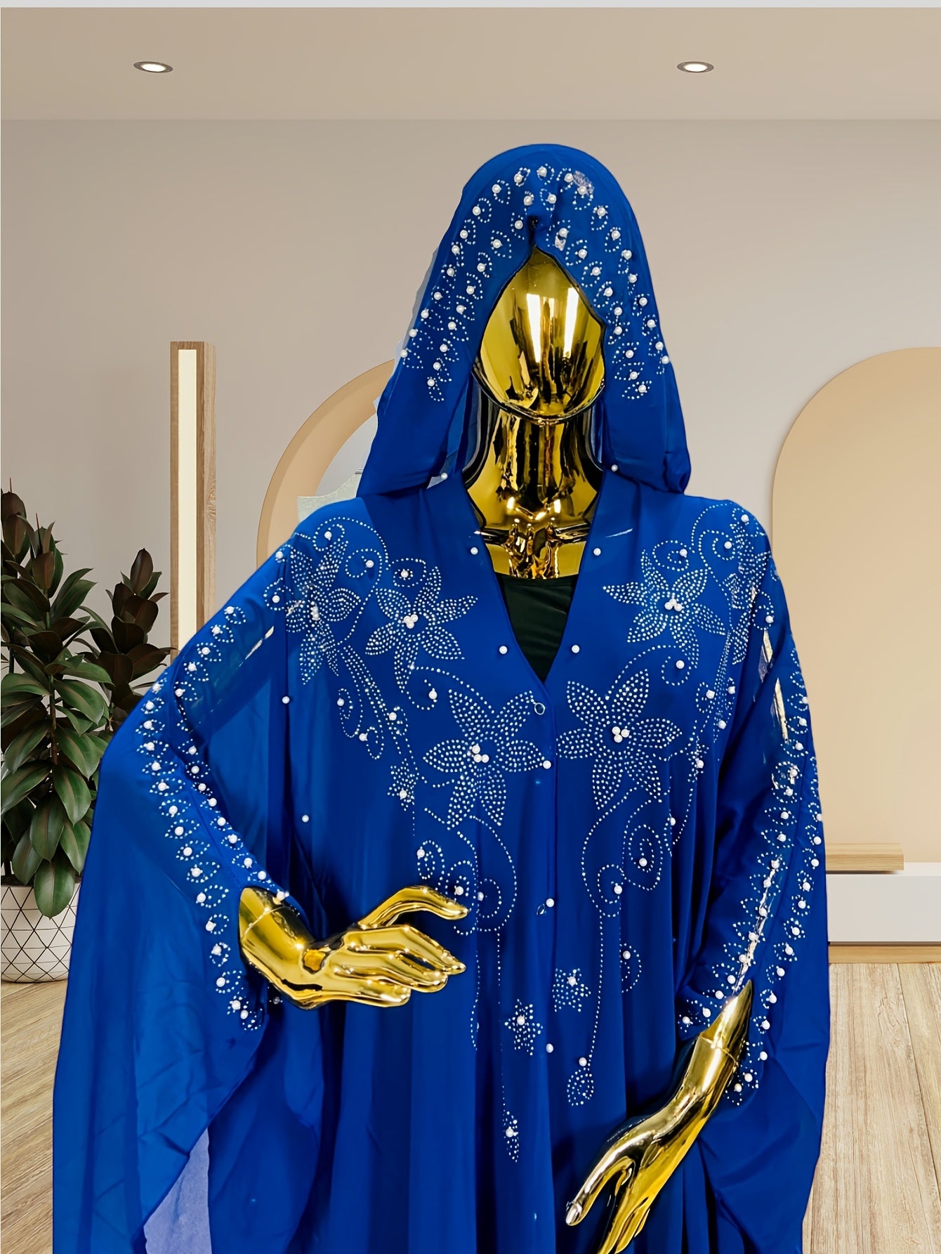 Chic Rhinestone Wrap for Women Featuring Trumpet Sleeves - A Loose-Fitting Long Cape Inspired by Middle Eastern Styles, Adorned with Semi-Sheer Pearls And Crystals, with a Split Hem Perfect for Summer Weddings And Formal Occasions