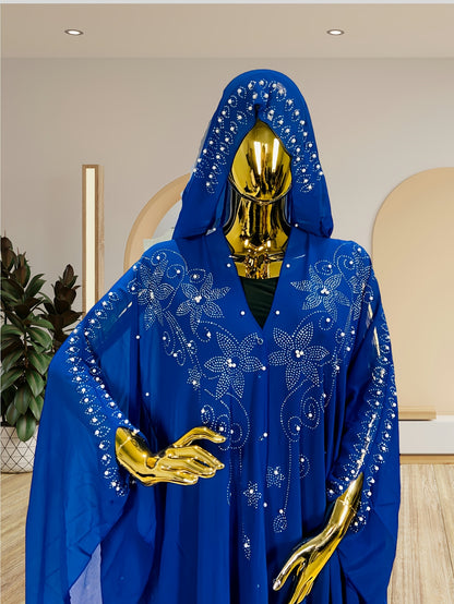 Chic Rhinestone Wrap for Women Featuring Trumpet Sleeves - A Loose-Fitting Long Cape Inspired by Middle Eastern Styles, Adorned with Semi-Sheer Pearls And Crystals, with a Split Hem Perfect for Summer Weddings And Formal Occasions