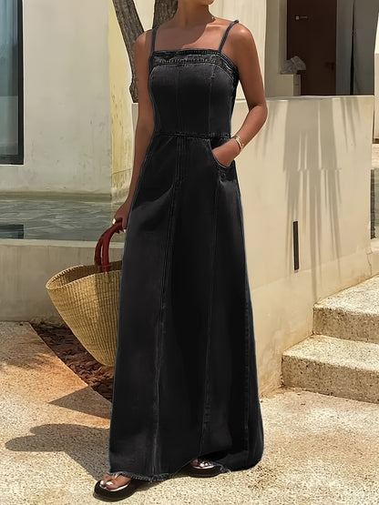 Vintage Washed Denim Maxi Dress for Women Sleeveless Long Jean Dress with Relaxed Non-Stretch Fabric, Casual Boutique Outfit for Spring Fall