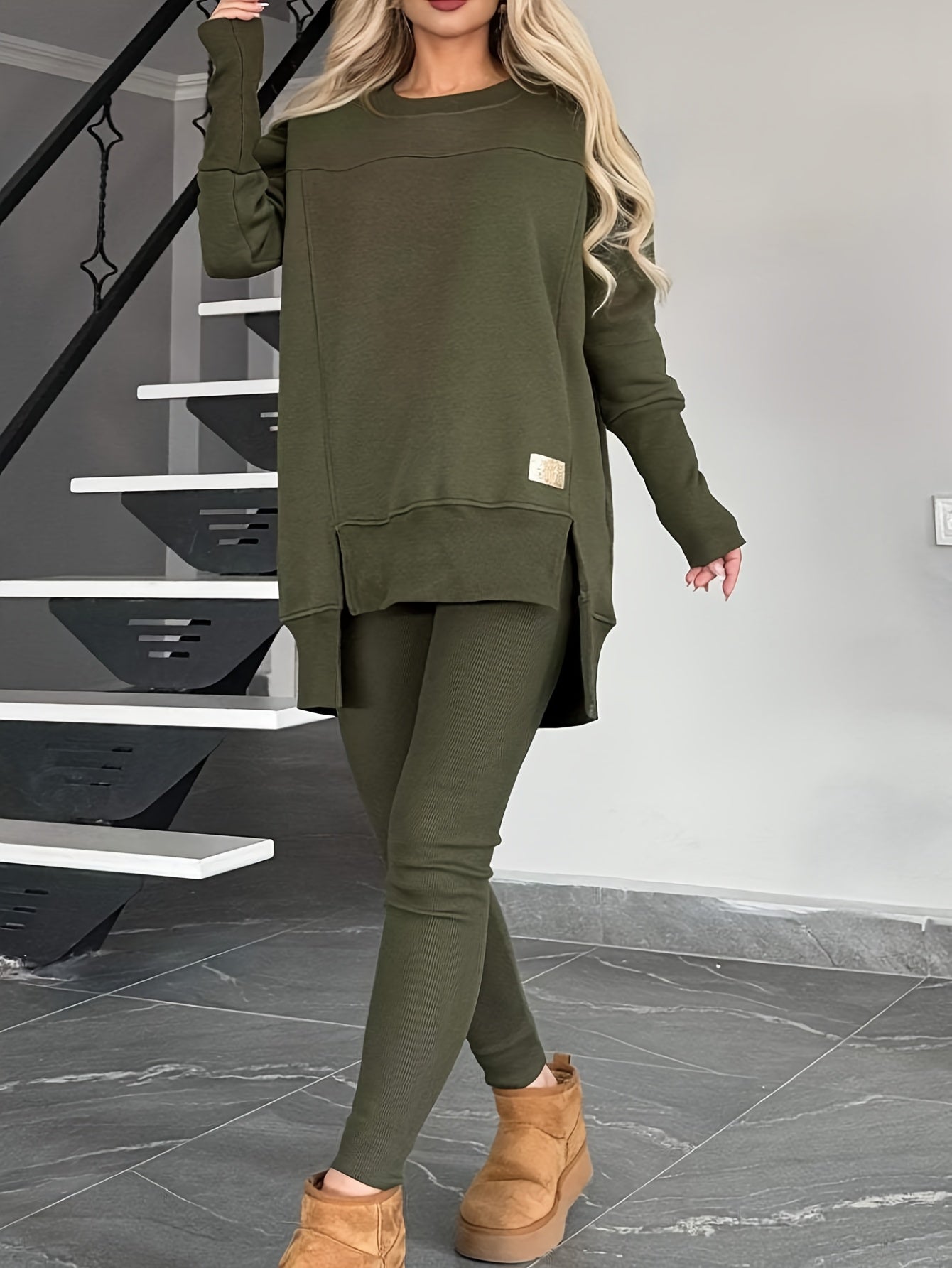 2pcs New Women'S Fashionable Casual Top with Slit Long Sleeves And Round Neck Casual Solid Color Set Suitable for Spring Workplace Commutes