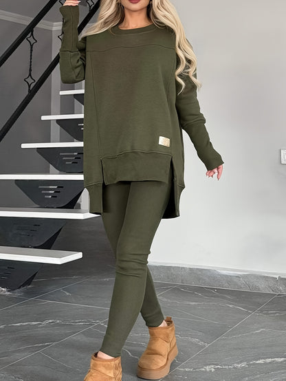 2pcs New Women'S Fashionable Casual Top with Slit Long Sleeves And Round Neck Casual Solid Color Set Suitable for Spring Workplace Commutes