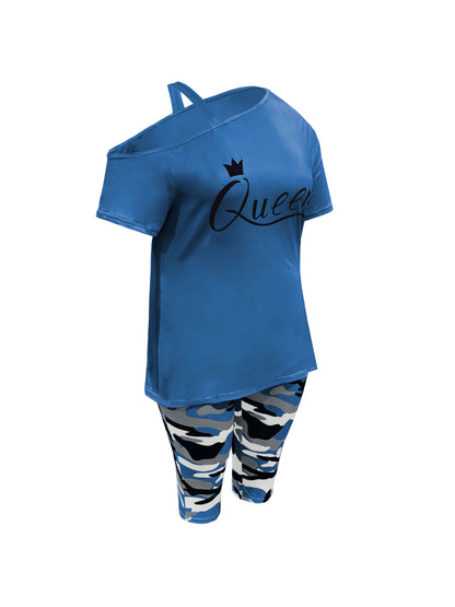 Plus Size - Ladies Plus Size Daily Casual One-Shoulder Short Sleeve Two-Piece Outfit, Diagonal Shoulder Design, Slim Fit Camouflage Pants Suit With Letter Print.
