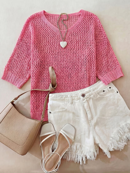 A Stylish Loose-Fitting Top with a Solid Color, V-Neck, And Hollow Design, Featuring Short Sleeves And New.