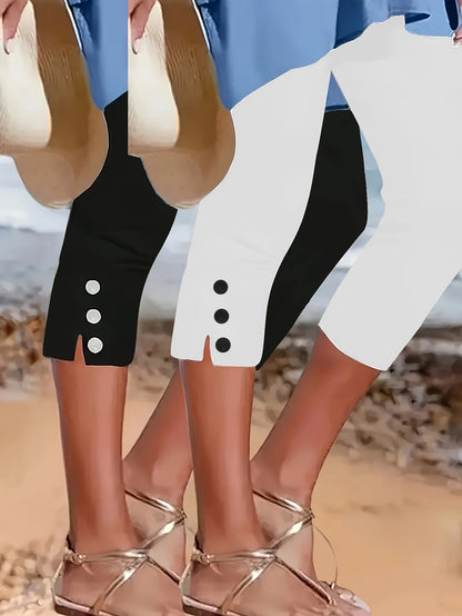 2pcs Women's Stylish Solid Color Capri Pants with Button Details - Medium Elasticity, Machine Washable, All-Season Casual Wear for Adults, Comfortable Leisurewear | Sleek Capri Leggings
