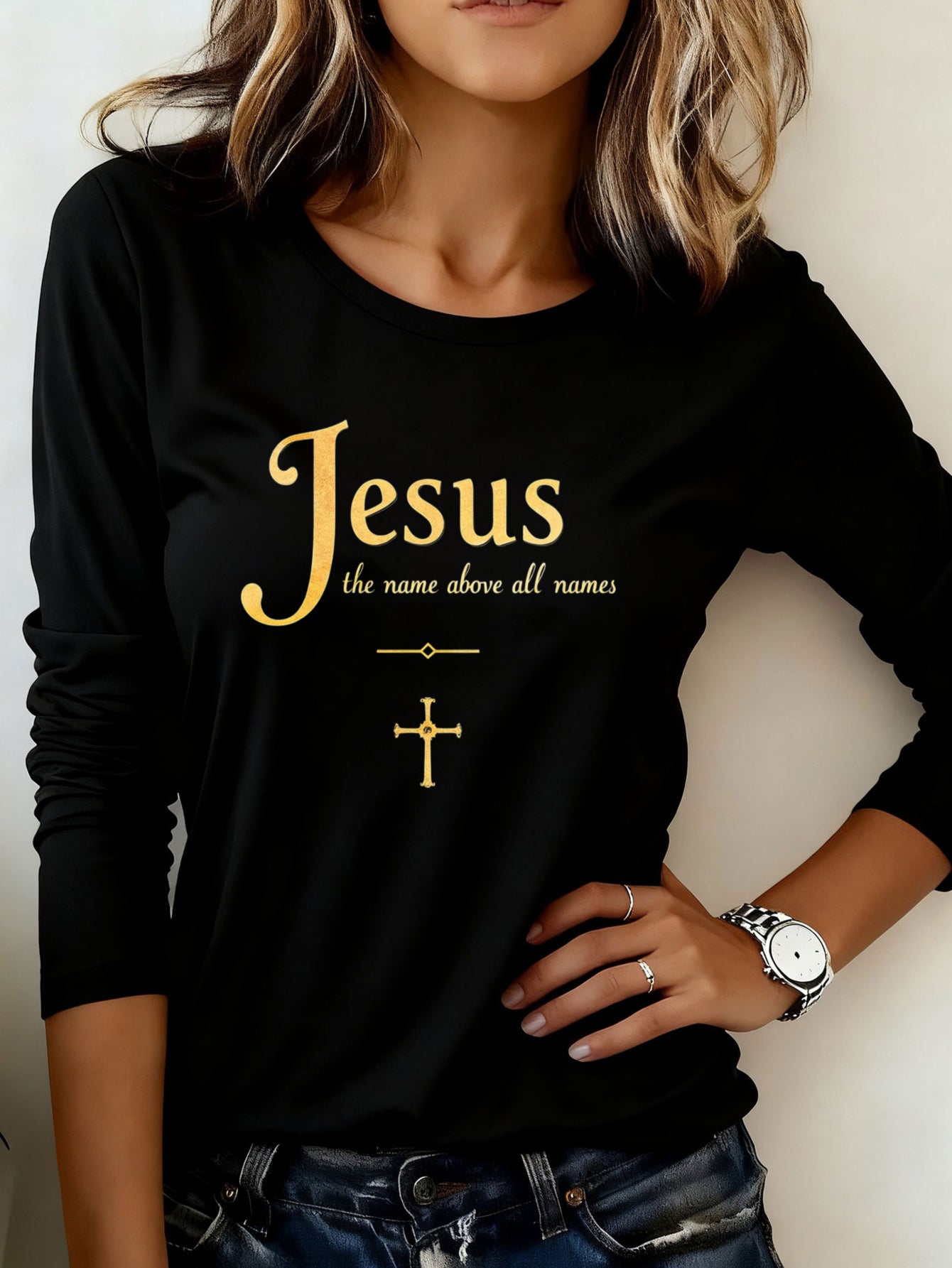 Woman T shirts 1pc Jesus The Name Above All Names Washable Comfortable Durable Easy Wear Casual Holiday Party Outfit Fashion 200g Heavyweight Long Sleeve T Shirt (100% Polyester)
