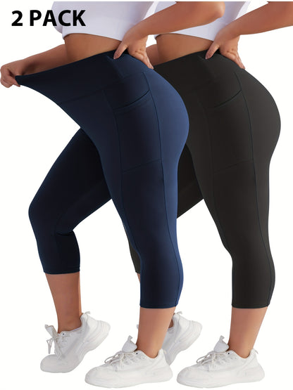 Plus Size - 2pcs Set - Plus Size High-Waisted Pocket Capri Pants - Soft Suitable for And Workouts - Elegant Style - New Spring And Summer Collection - Targeted Design