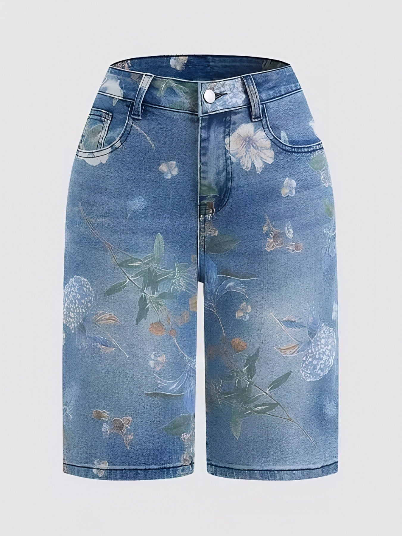 Plus Size Women Summer Clothes Women'S Stretch Floral Print Plus-size Denim Shorts, High-waisted For A Flattering And Effect, Retro Street Style, Highly Stretchy And Comfortable Fit, Perfect For Spring And Summer.