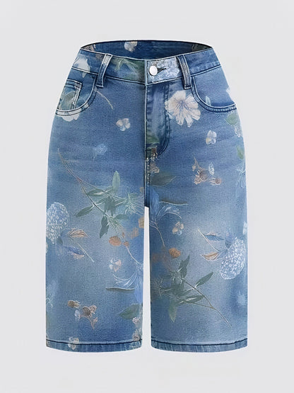 Plus Size Women Summer Clothes Women'S Stretch Floral Print Plus-size Denim Shorts, High-waisted For A Flattering And Effect, Retro Street Style, Highly Stretchy And Comfortable Fit, Perfect For Spring And Summer.