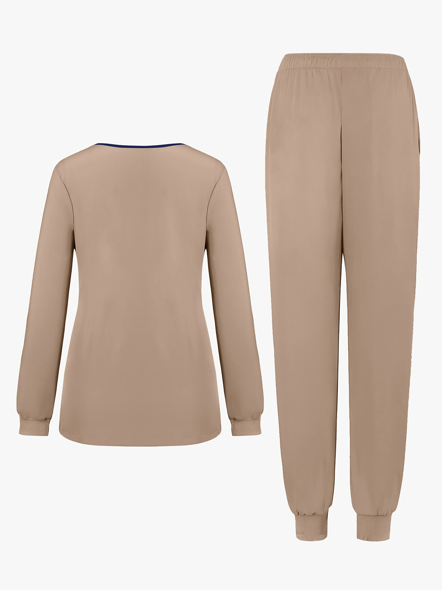 2pcs Women's V-Neck Matte Suit with Long Sleeve Stretch S Uniform Work Clothes Washable Pockets Breathable Elastic Top And Waist Cord Pocket Pants Set