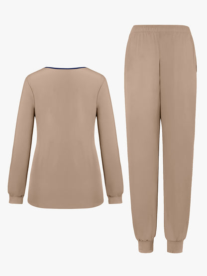 2pcs Women's V-Neck Matte Suit with Long Sleeve Stretch S Uniform Work Clothes Washable Pockets Breathable Elastic Top And Waist Cord Pocket Pants Set