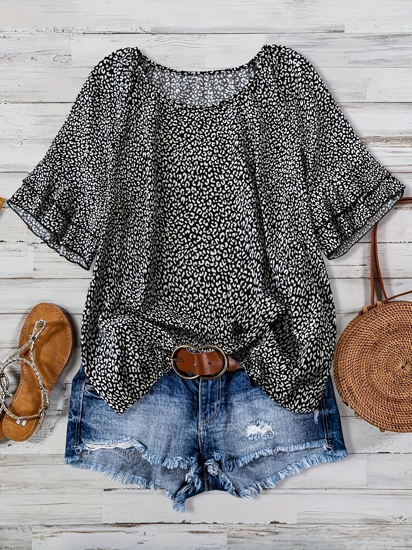 Plus Size Women's Boho Leopard Print Ruffle Sleeve Blouse - Asymmetrical Summer Top with Round Neck, Machine Washable Casual Vacation Shirt for Beach Outings & Warm Weather, Relaxed Setting Apparel, Nontransparent Fabric