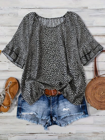 Plus Size Women's Boho Leopard Print Ruffle Sleeve Blouse - Asymmetrical Summer Top with Round Neck, Machine Washable Casual Vacation Shirt for Beach Outings & Warm Weather, Relaxed Setting Apparel, Nontransparent Fabric