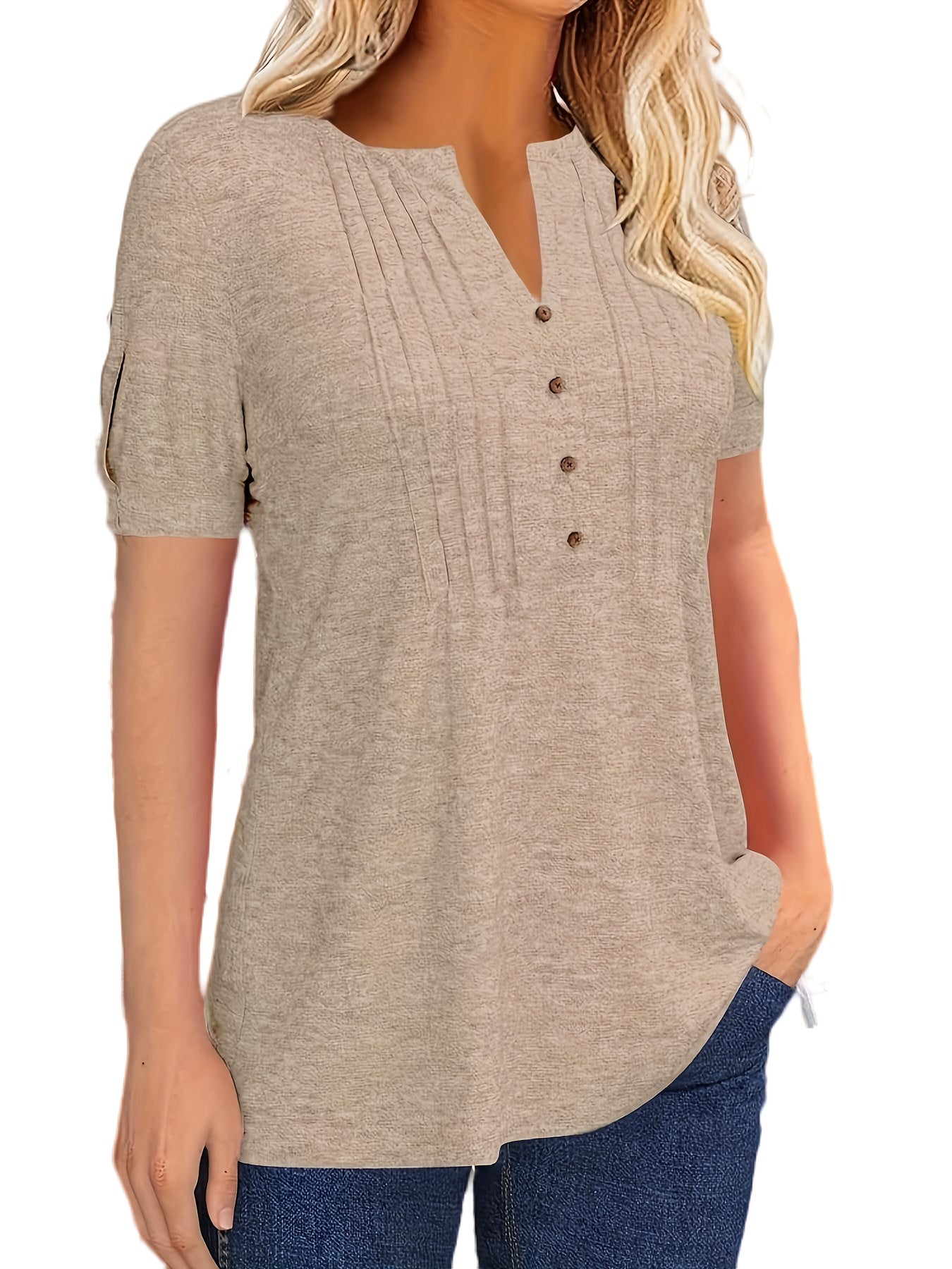 Casual Short-Sleeve T-Shirt for Women, Featuring a Pleated Design And V-Neck in Solid Colors, Perfect for Summer