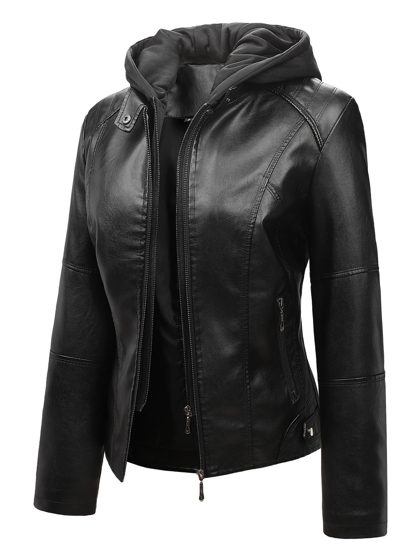 Women's Black Hooded PU Leather Jacket, Slim Fit Motorcycle Style Coat for Fall & Winter, Casual Windproof Outerwear with Removable Hood